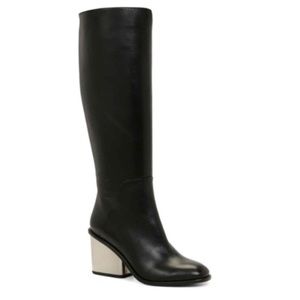 Leather knee high boots, new, silver heel